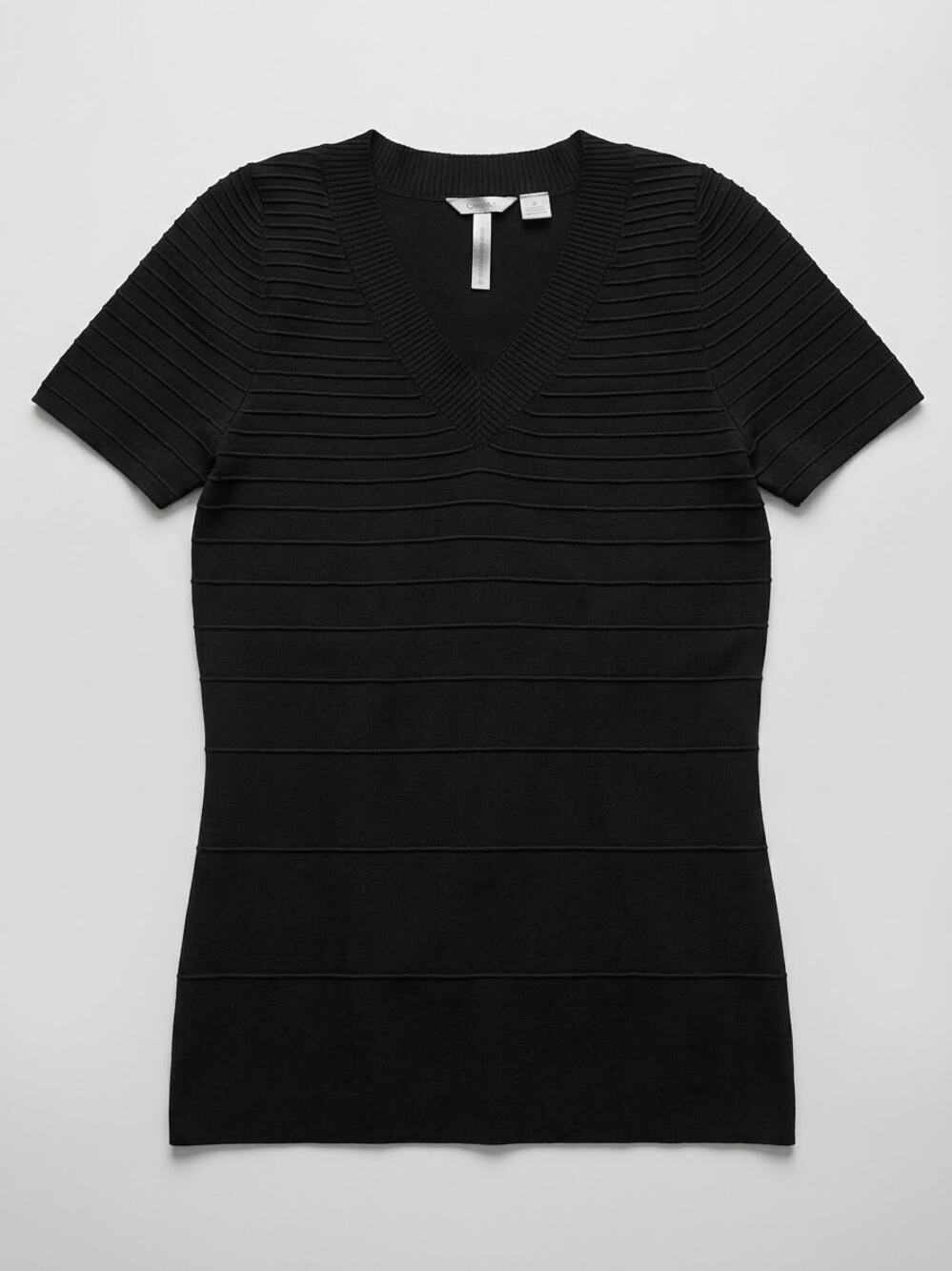 Madison Studio Black V-Neck Ribbed Bandage Knit short sleeve top shirt